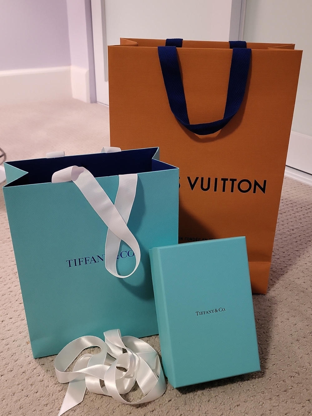 Tiffany & Co. Robin's-egg Blue Gift Box, Bag and White Ribbon And Louis Vuitton